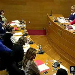 Un diputado del PP rompe papeles mientras una diputada de Compromís habla