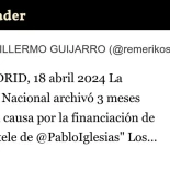 Telemadrid, 18 de abril de 2016: La Audiencia Nacional archivó 3 meses después la causa por la financiación de Irán a "la tele de Pablo Iglesias"
