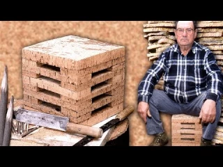 Taburete de corcho natural para el descanso del campesino, elaboración y unión con palos afilados