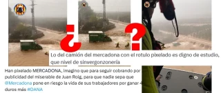 El pixelado de la marca de Mercadona de un camión de reparto rescatado durante la DANA: es real y las imágenes las publicó ya pixeladas el Consorcio Provincial de Bomberos de Valencia