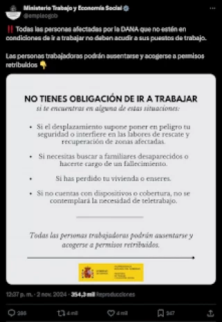 No hay permiso retribuido en todos los casos que está anunciando el Ministerio de Trabajo a causa de la DANA