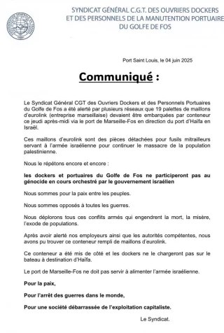 Los estibadores del puerto de Marsella-Fos se niegan a cargar eslabones para ametralladoras destinados a Israel