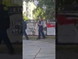La policía de Berlín pinta con spray sobre un grafiti con la bandera de Palestina