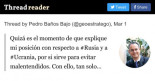 Hilo de Pedro Baños. Quizá es el momento de que explique mi posición con respecto a Rusia y a Ucrania. (Twitter)